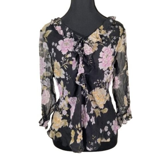 Vtg 90s Silk Beaded Blouse L Whimsigoth Fairy Floral Coquette Cottagecore Sheer - Picture 4 of 12